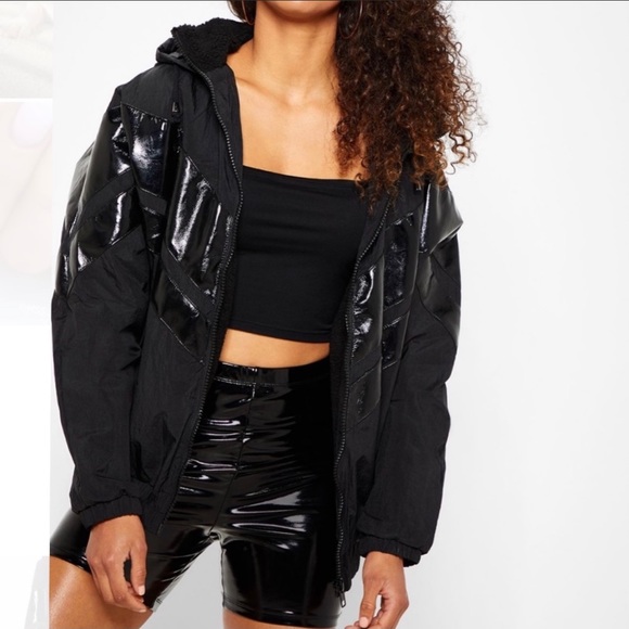 TOPSHOP Black Patent Windbreaker Coat Sherpa Lined Size Small - Picture 2 of 11